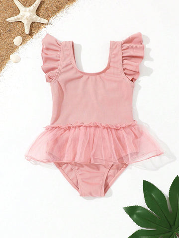 Young Girl Mesh Patchwork Ruffle One-Piece Swimsuit