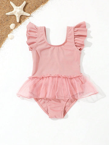 Young Girl Mesh Patchwork Ruffle One-Piece Swimsuit