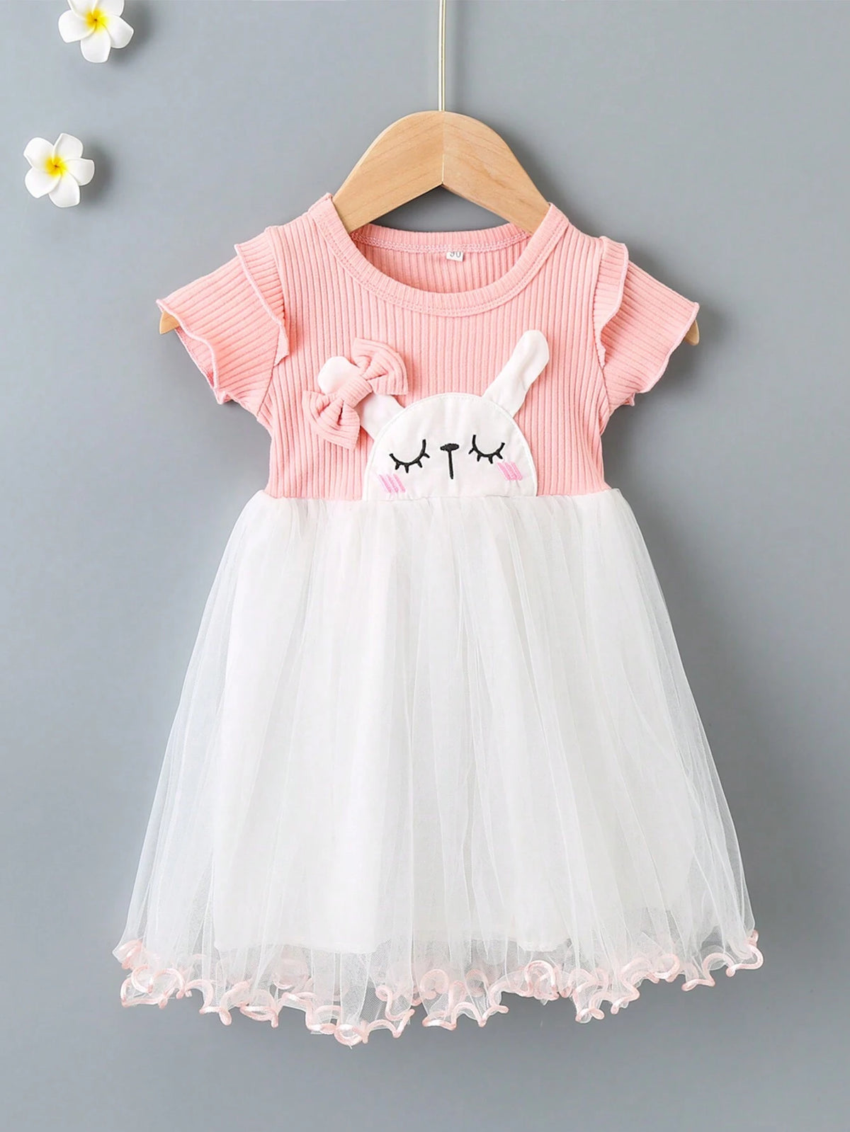 Young Girl Mesh Splicing Round Neck Short Sleeve Cute Rabbit Dress