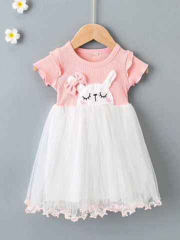 Young Girl Mesh Splicing Round Neck Short Sleeve Cute Rabbit Dress