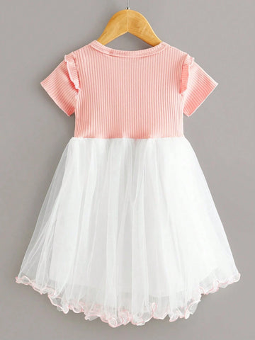 Young Girl Mesh Splicing Round Neck Short Sleeve Cute Rabbit Dress