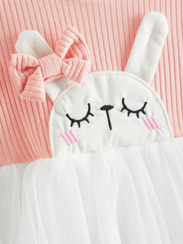 Young Girl Mesh Splicing Round Neck Short Sleeve Cute Rabbit Dress