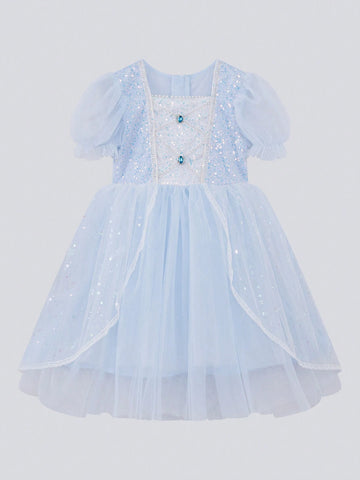 Young Girl Mesh Square Neckline Bow Detail Bow Bubble Sleeve Dress 2024 New Children Princess Dress Summer Skirt