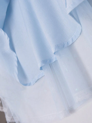 Young Girl Mesh Square Neckline Bow Detail Bow Bubble Sleeve Dress 2024 New Children Princess Dress Summer Skirt