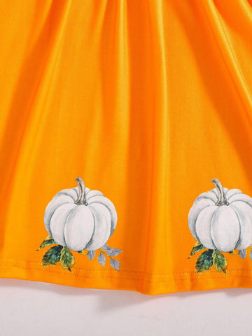 Young Girl' Minimalist Pumpkin Print Long Sleeve Long Dress