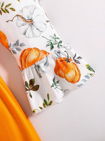 Young Girl' Minimalist Pumpkin Print Long Sleeve Long Dress