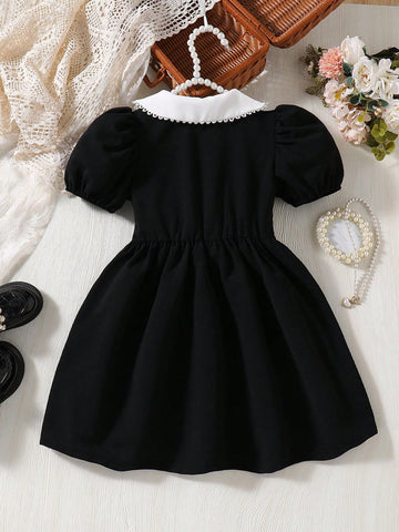 Young Girl' Modest Elegant Black & White Princess Dress, Classic Vintage Style With White Collar And Puff Sleeves, A-Line Loose Fit