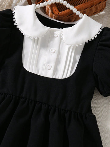 Young Girl' Modest Elegant Black & White Princess Dress, Classic Vintage Style With White Collar And Puff Sleeves, A-Line Loose Fit
