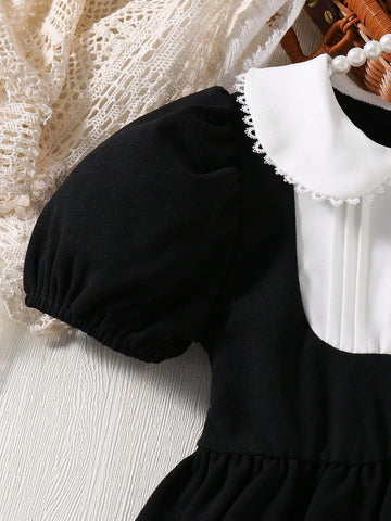 Young Girl' Modest Elegant Black & White Princess Dress, Classic Vintage Style With White Collar And Puff Sleeves, A-Line Loose Fit