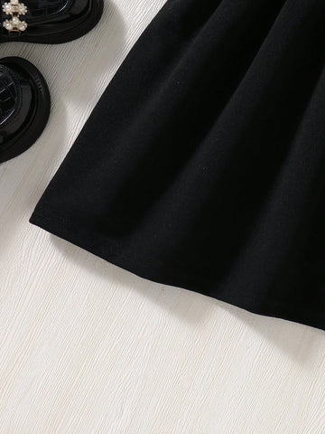 Young Girl' Modest Elegant Black & White Princess Dress, Classic Vintage Style With White Collar And Puff Sleeves, A-Line Loose Fit