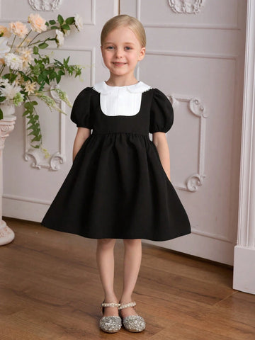 Young Girl' Modest Elegant Black & White Princess Dress, Classic Vintage Style With White Collar And Puff Sleeves, A-Line Loose Fit