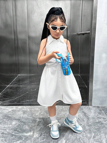 Young Girl Mommy And Me Matching Outfits (2 Pieces Sold Separately) - White Pleated Shirt Collar Halterneck Dress, Suitable For Summer, Family Photos, Parties, Sweet Style Girls, Sister Outfits, And Mother-Daughter Outfits