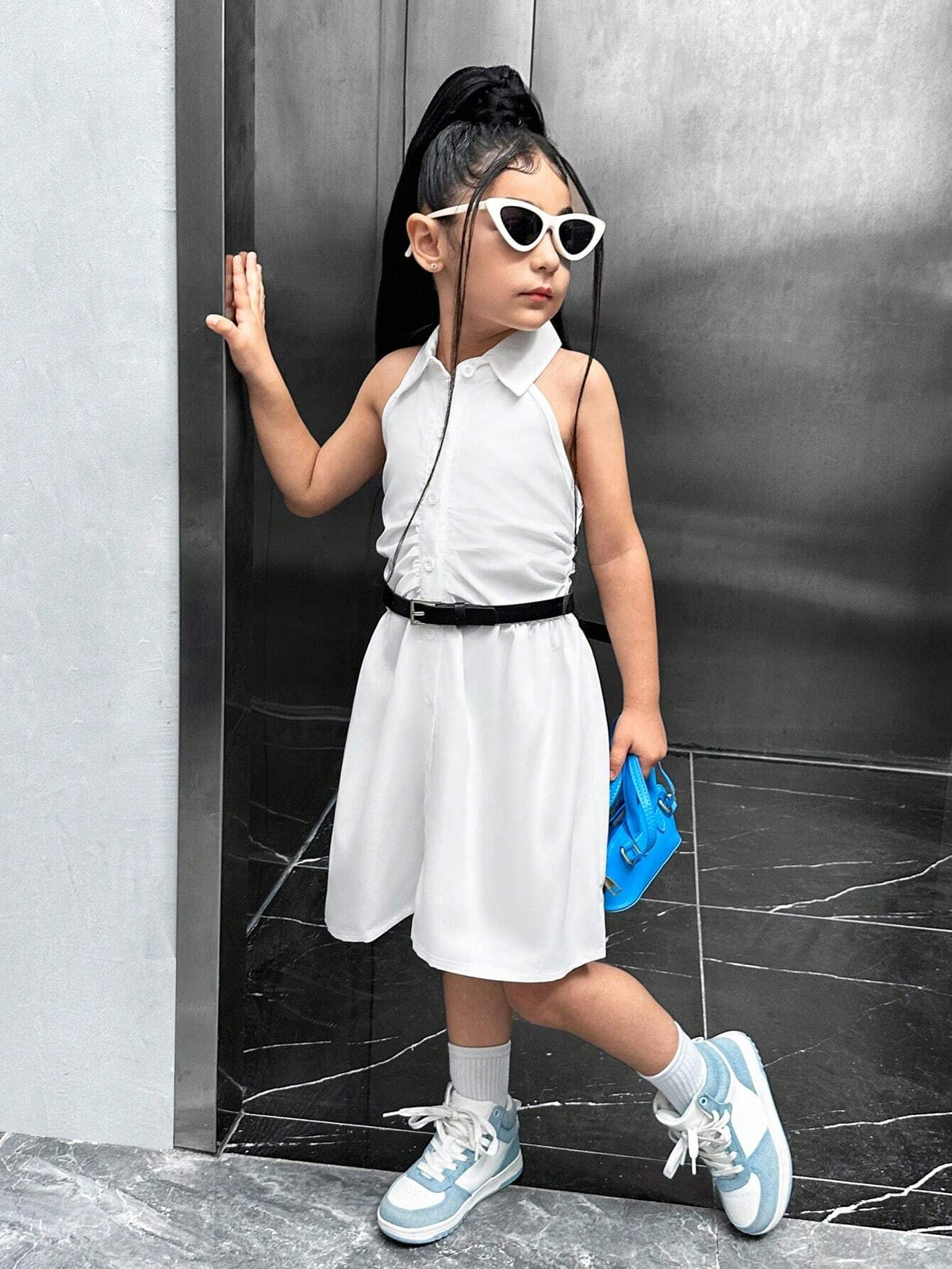 Young Girl Mommy And Me Matching Outfits (2 Pieces Sold Separately) - White Pleated Shirt Collar Halterneck Dress, Suitable For Summer, Family Photos, Parties, Sweet Style Girls, Sister Outfits, And Mother-Daughter Outfits
