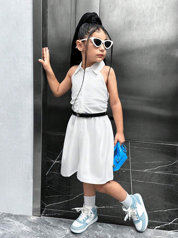 Young Girl Mommy And Me Matching Outfits (2 Pieces Sold Separately) - White Pleated Shirt Collar Halterneck Dress, Suitable For Summer, Family Photos, Parties, Sweet Style Girls, Sister Outfits, And Mother-Daughter Outfits