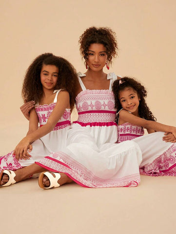 Young Girl Mommy & Me Vacation Ditsy Floral Pleated Strap Chiffon Dress