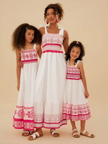Young Girl Mommy & Me Vacation Ditsy Floral Pleated Strap Chiffon Dress