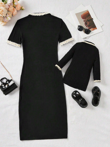Young Girl Mother And Daughter Matching Casual, Cute And Elegant Knitted Stretchy Patchwork Dress With Lace, Faux Pearl Button And Turn-Down Collar