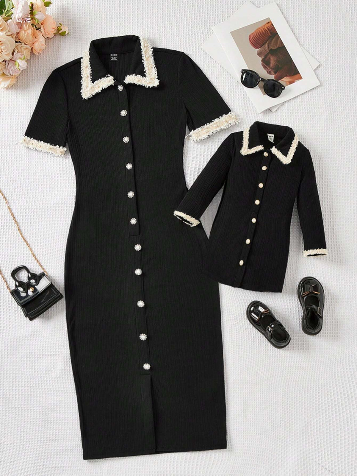 Young Girl Mother And Daughter Matching Casual, Cute And Elegant Knitted Stretchy Patchwork Dress With Lace, Faux Pearl Button And Turn-Down Collar