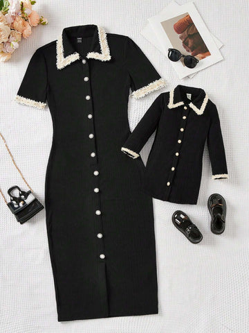 Young Girl Mother And Daughter Matching Casual, Cute And Elegant Knitted Stretchy Patchwork Dress With Lace, Faux Pearl Button And Turn-Down Collar