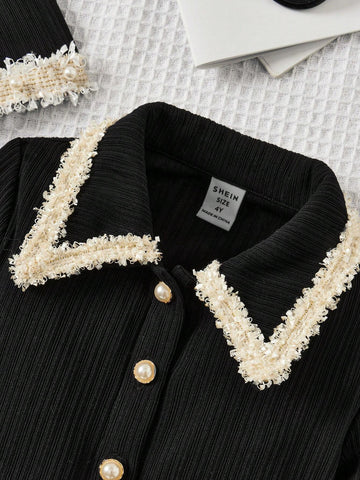 Young Girl Mother And Daughter Matching Casual, Cute And Elegant Knitted Stretchy Patchwork Dress With Lace, Faux Pearl Button And Turn-Down Collar