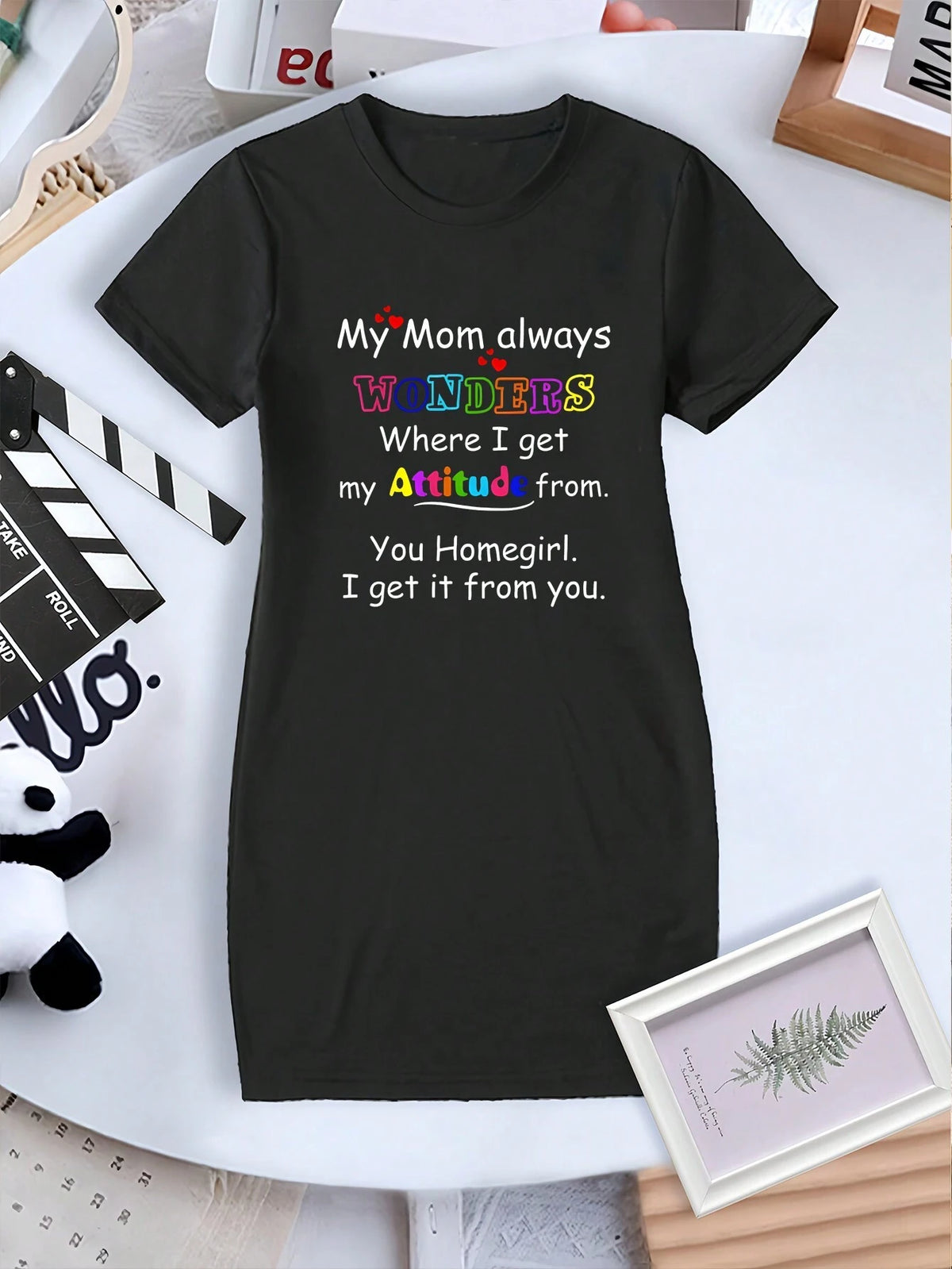 Young Girl Mother's Day Slogan Printed Simple Casual Summer Dress, Spring/Summer