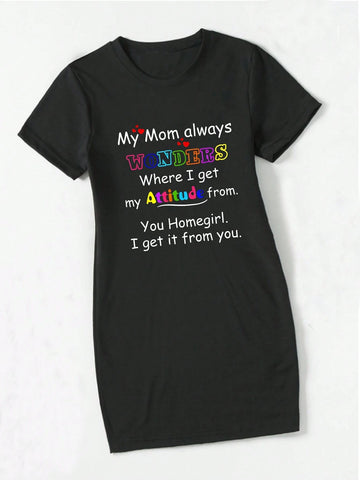 Young Girl Mother's Day Slogan Printed Simple Casual Summer Dress, Spring/Summer