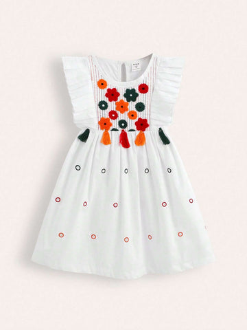 Young Girl Multicolor Embroidered Fringed Holiday Dress