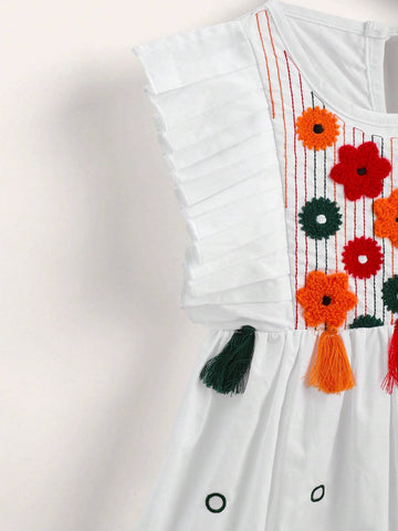 Young Girl Multicolor Embroidered Fringed Holiday Dress