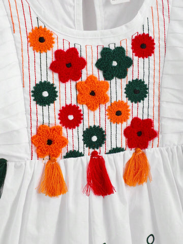 Young Girl Multicolor Embroidered Fringed Holiday Dress