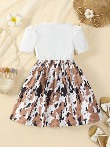 Young Girl Multicolor Milk Pattern Casual Short Sleeve Summer Dress