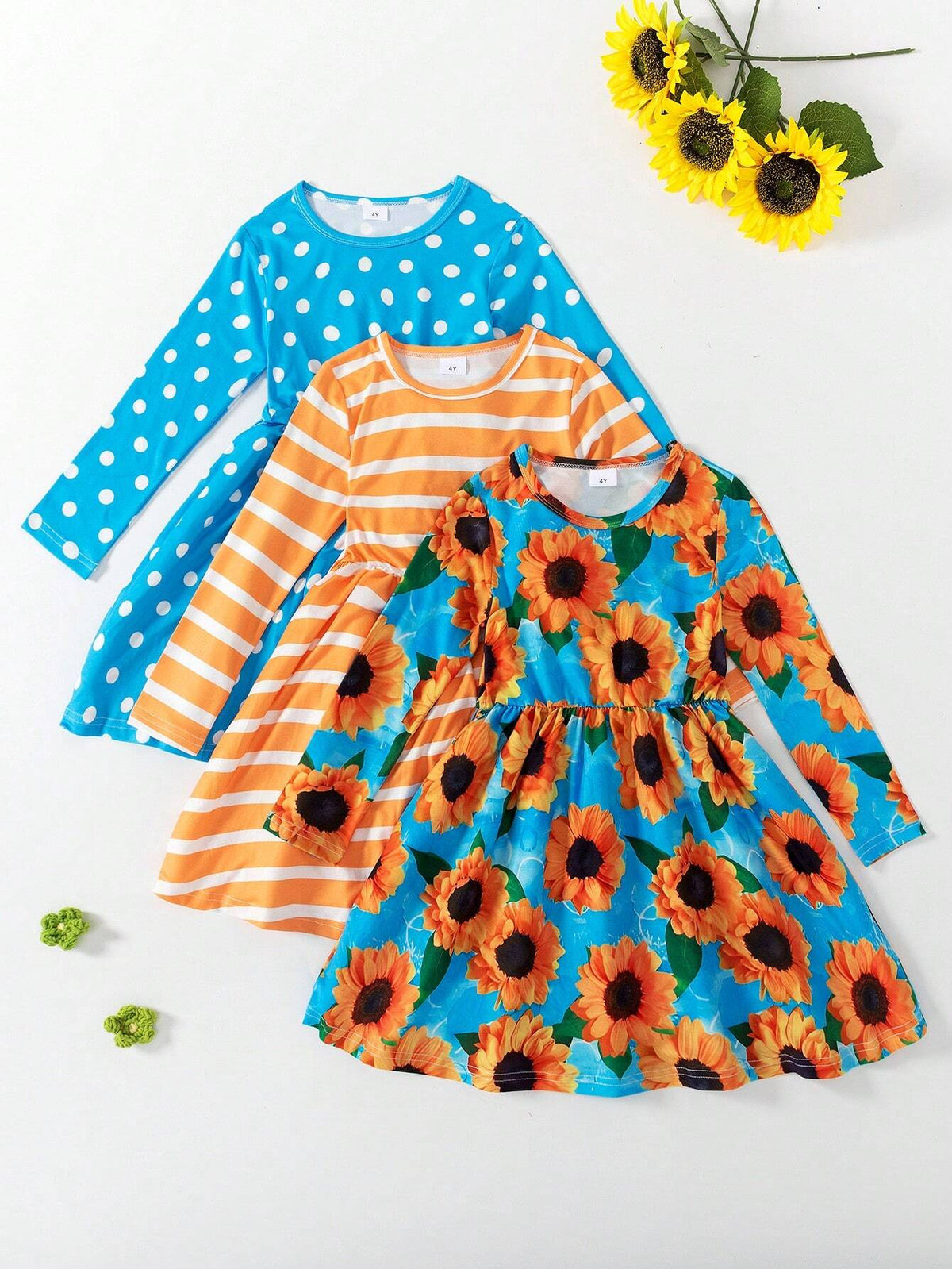 Young Girl Multipiece Set Cute Round Neck Long Sleeve White Polka Dot, Yellow White Striped, Yellow Sunflower Cartoon Printed Dress, Spring & Autumn