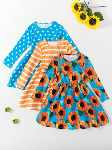 Young Girl Multipiece Set Cute Round Neck Long Sleeve White Polka Dot, Yellow White Striped, Yellow Sunflower Cartoon Printed Dress, Spring & Autumn