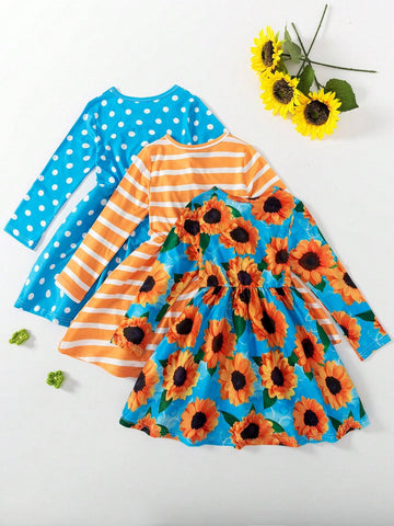 Young Girl Multipiece Set Cute Round Neck Long Sleeve White Polka Dot, Yellow White Striped, Yellow Sunflower Cartoon Printed Dress, Spring & Autumn