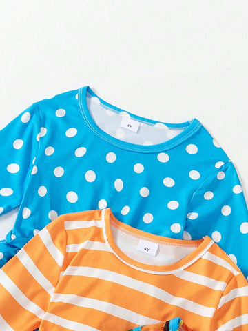 Young Girl Multipiece Set Cute Round Neck Long Sleeve White Polka Dot, Yellow White Striped, Yellow Sunflower Cartoon Printed Dress, Spring & Autumn