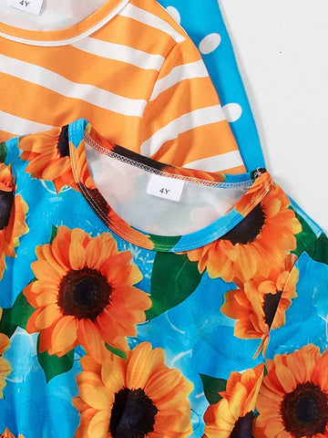 Young Girl Multipiece Set Cute Round Neck Long Sleeve White Polka Dot, Yellow White Striped, Yellow Sunflower Cartoon Printed Dress, Spring & Autumn