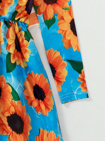 Young Girl Multipiece Set Cute Round Neck Long Sleeve White Polka Dot, Yellow White Striped, Yellow Sunflower Cartoon Printed Dress, Spring & Autumn