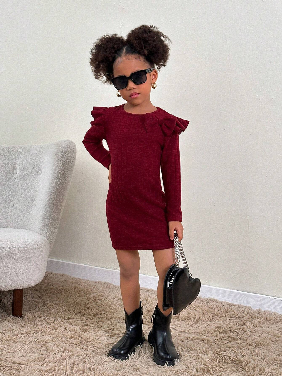 Young Girl  Casual Daily Knit Crew Neck Long Sleeve Dress