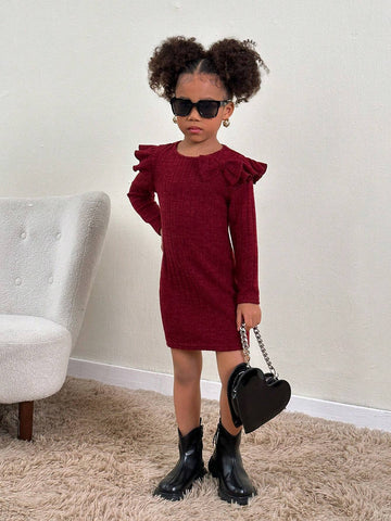Young Girl  Casual Daily Knit Crew Neck Long Sleeve Dress