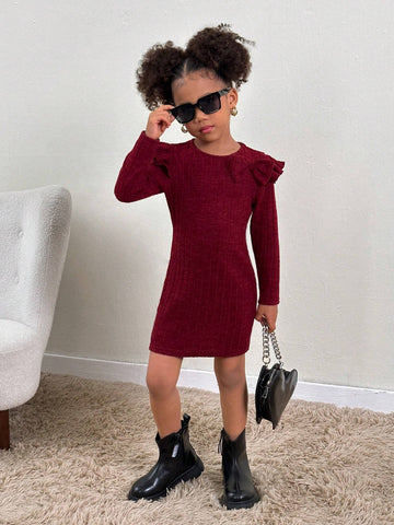 Young Girl  Casual Daily Knit Crew Neck Long Sleeve Dress