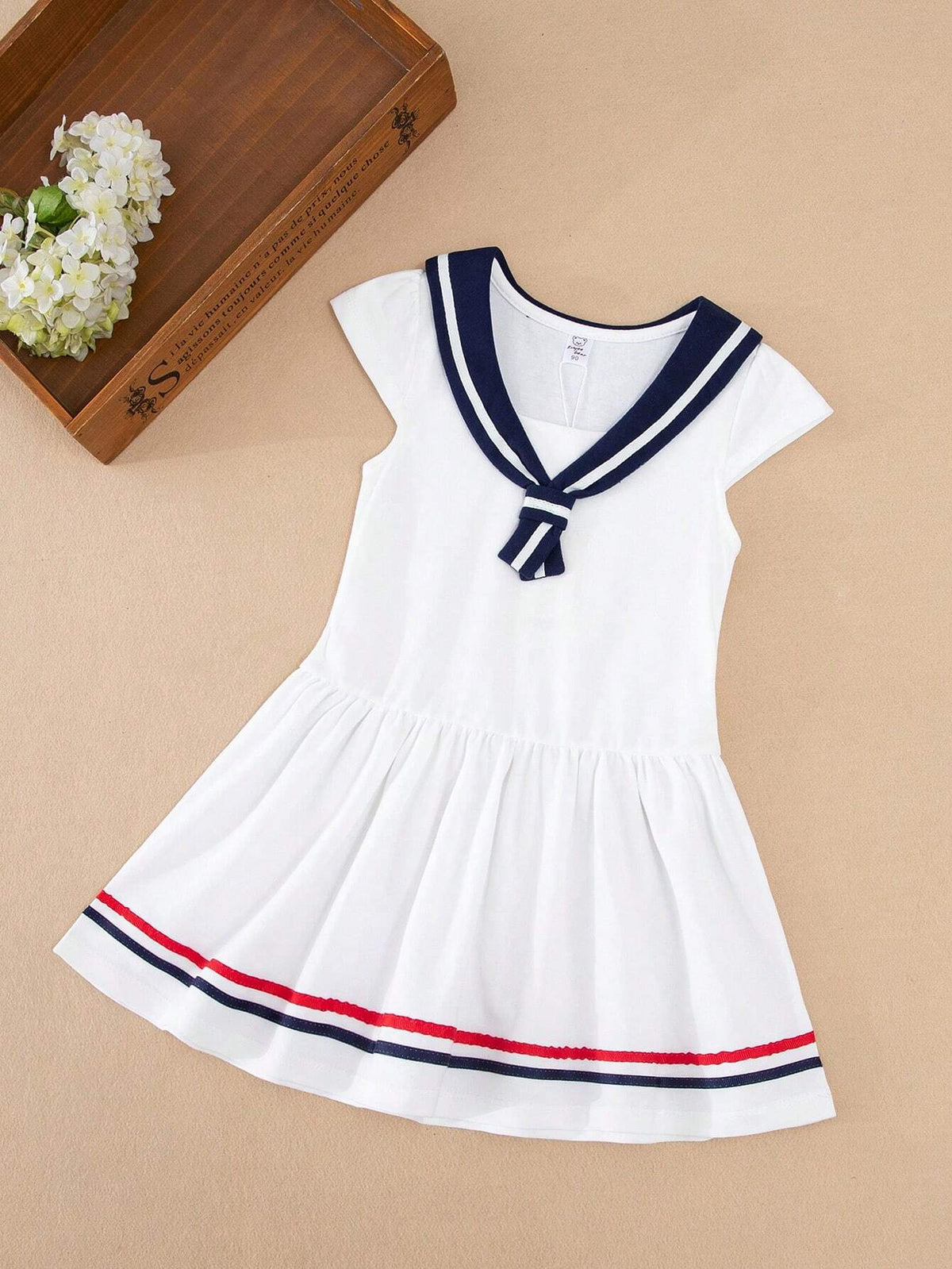 Young Girl Navy Collar Color Blocking Covered Sleeve Dress For Summer