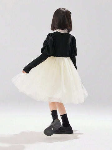 Young Girl Net Patchwork Princess Dress, Autumn/Winter, Birthday Party And Banquet Occasion