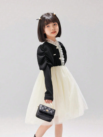 Young Girl Net Patchwork Princess Dress, Autumn/Winter, Birthday Party And Banquet Occasion