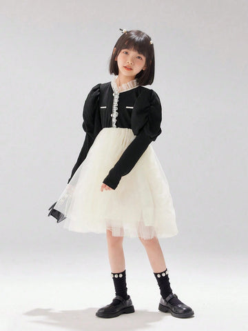 Young Girl Net Patchwork Princess Dress, Autumn/Winter, Birthday Party And Banquet Occasion