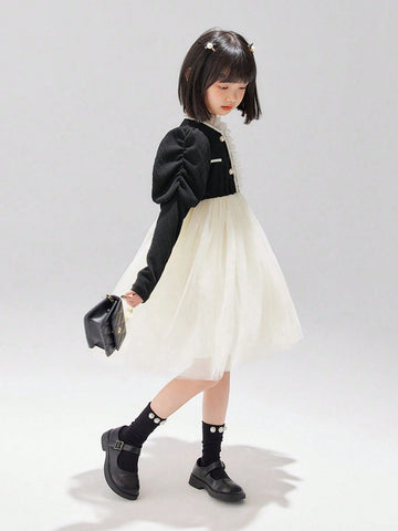 Young Girl Net Patchwork Princess Dress, Autumn/Winter, Birthday Party And Banquet Occasion