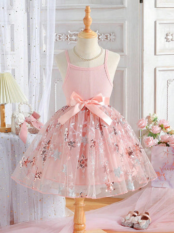 Young Girl New Arrivals Pink Ribbed Sequined Five-Pointed Star Embroidery Mesh Puff Strap Princess Dress