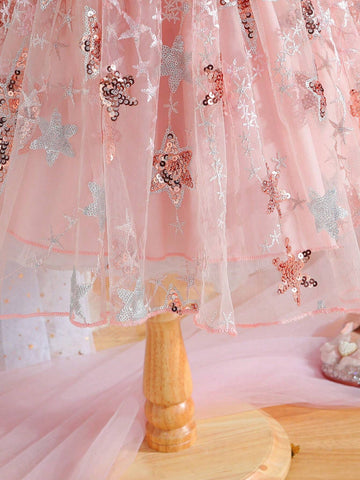 Young Girl New Arrivals Pink Ribbed Sequined Five-Pointed Star Embroidery Mesh Puff Strap Princess Dress