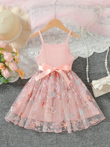 Young Girl New Arrivals Pink Ribbed Sequined Five-Pointed Star Embroidery Mesh Puff Strap Princess Dress