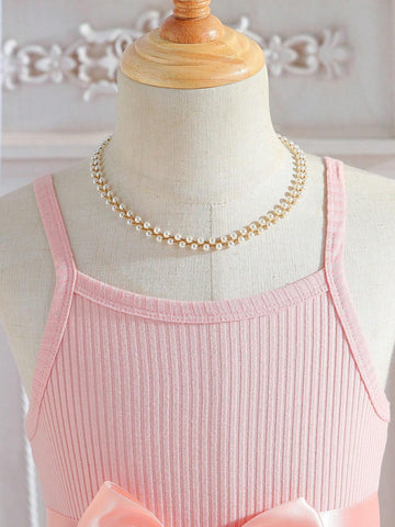 Young Girl New Arrivals Pink Ribbed Sequined Five-Pointed Star Embroidery Mesh Puff Strap Princess Dress