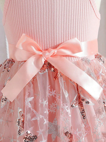 Young Girl New Arrivals Pink Ribbed Sequined Five-Pointed Star Embroidery Mesh Puff Strap Princess Dress