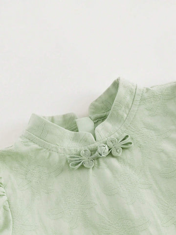Young Girl New Chinese Style Jacquard Mesh Splicing Stand Collar Bubble Short Sleeve Qipao Dress For Summer